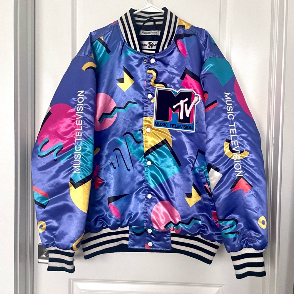 Rare!! Vintage 80s 1981 MTV Satin Bomber Jacket Memphis Design Print Unisex - Picture 13 of 13